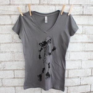 Women's Roller Derby T Shirt, Vneck Graphic Tee, Skeleton Derby Girl, Grey, Gray, Cotton, Tshirt image 3