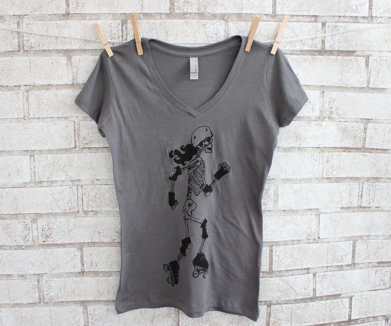 Women's Roller Derby T Shirt, Vneck Graphic Tee, Skeleton Derby Girl, Grey, Gray, Cotton, Tshirt image 3