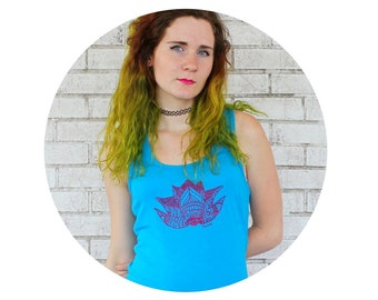 Lotus Racerback Tank Top, Super Soft Jersey Tank Top With Racer Back, Bright Turquoise Blue, Yoga Workout Top, Peace Namaste, Summer Fashion