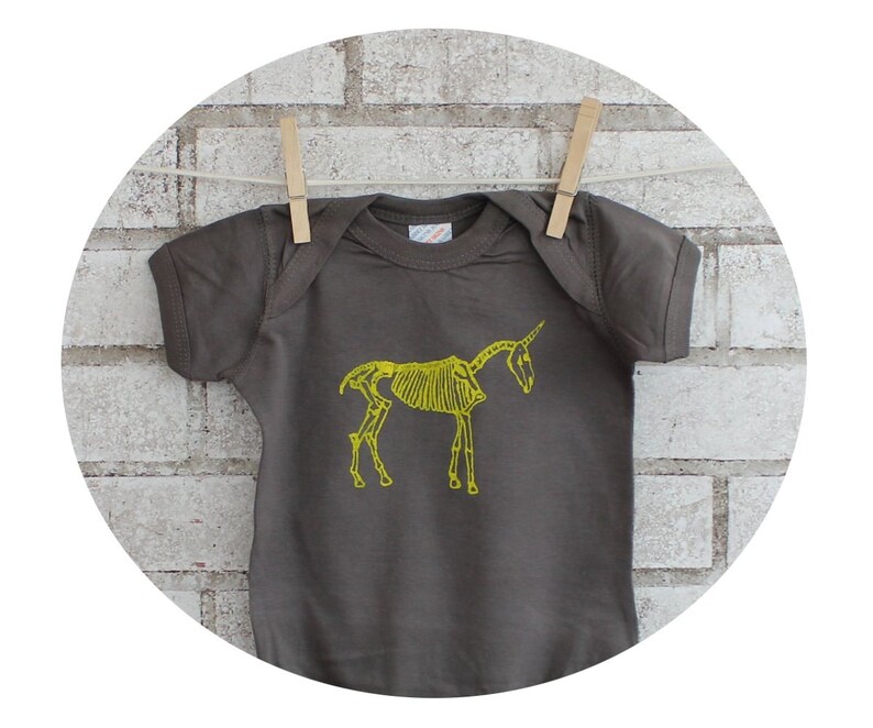 Grey Hand Printed by Artist Yellow Cotton One Piece Unicorn skeleton Baby Onepiece Bodysuit Short Sleeved Fantasy Animal Screenprint