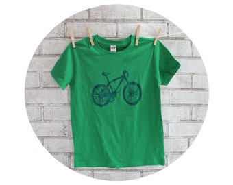 Children&#39;s Mountain Bike Tshirt, Cotton Crewneck Graphic Tee in Kelly Green, Bicycle, T Shirt