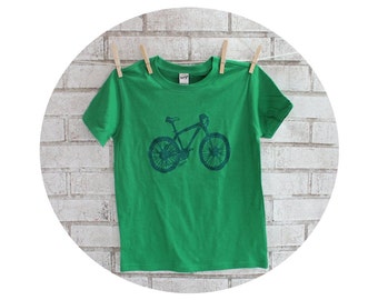 Children's Mountain Bike Tshirt, Cotton Crewneck Graphic Tee in Kelly Green, Bicycle, T Shirt