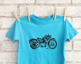 Motorcycle Toddler T Shirt, Cotton Crewneck, Children's Graphic Tee, Turquoise Tshirt