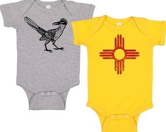 New Mexico Baby, Distressed Zia Baby Onepiece, Baby Bodysuit, Roadrunner Bodysuit, Baby Shower Gift, Gift Set, Hand Printed Baby Clothes