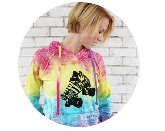 Roller Skate Hoodie, Roller Derby, Cozy Hooded Sweatshirt, Rainbow Sweat Shirt, Screen-printed With Quad Speed Skate, Roller Girl, Pullover