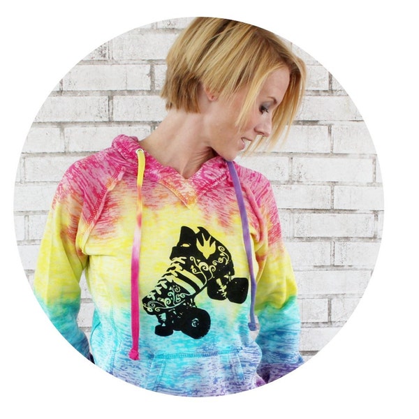 Roller Skate Hoodie, Roller Derby, Cozy Hooded Sweatshirt, Rainbow Sweat Shirt, Screen-printed With Quad Speed Skate, Roller Girl, Pullover