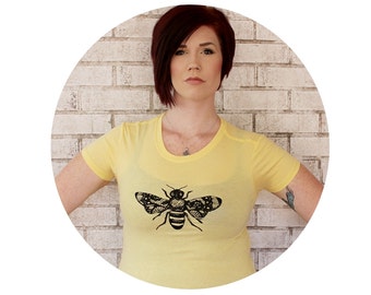 Bee Tshirt, Ladies Fitted Graphic Tee, Honey Bee, Nature, Garden Insect, Pastel Butter Yellow, Junior Fit, Hand Printed, Women's Clothing