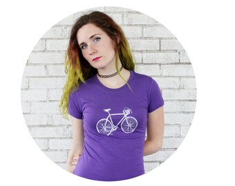 Bicycle Tshirt, Short Sleeved Cotton Crewneck Clothing, Purple Shirt, Road Bike, Speed Cycling, Cyclist Gift, Ladies Clothing, Active Life