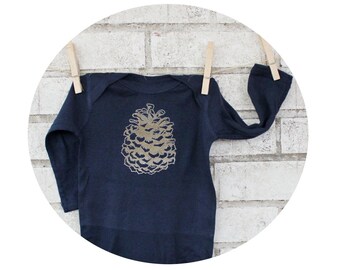 Pine Cone Baby One-piece Hand Screen Printed, Long Sleeved, Navy Blue, Nature and Outdoors, Fall, Winter Holiday, Baby Clothes, Christmas