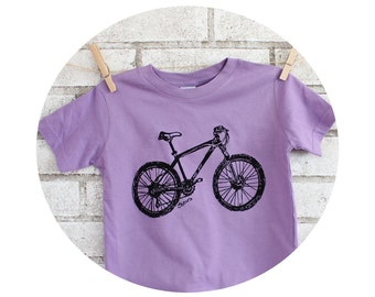 Mountain Bike Kids Tshirt, Short Sleeved Graphic Tee, Pastel Purple, Lavender Purple, Hand Printed, Screenprinted Shirt, Youth Clothing