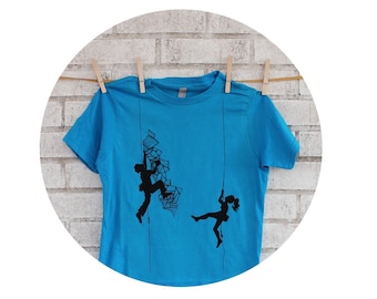 Youth Climbing Tshirt, Short Sleeved Cotton Crewneck Graphic Tee Shirt, Hand Printed, Screenprinted Shirt, Bright Turquoise Blue, Fitness