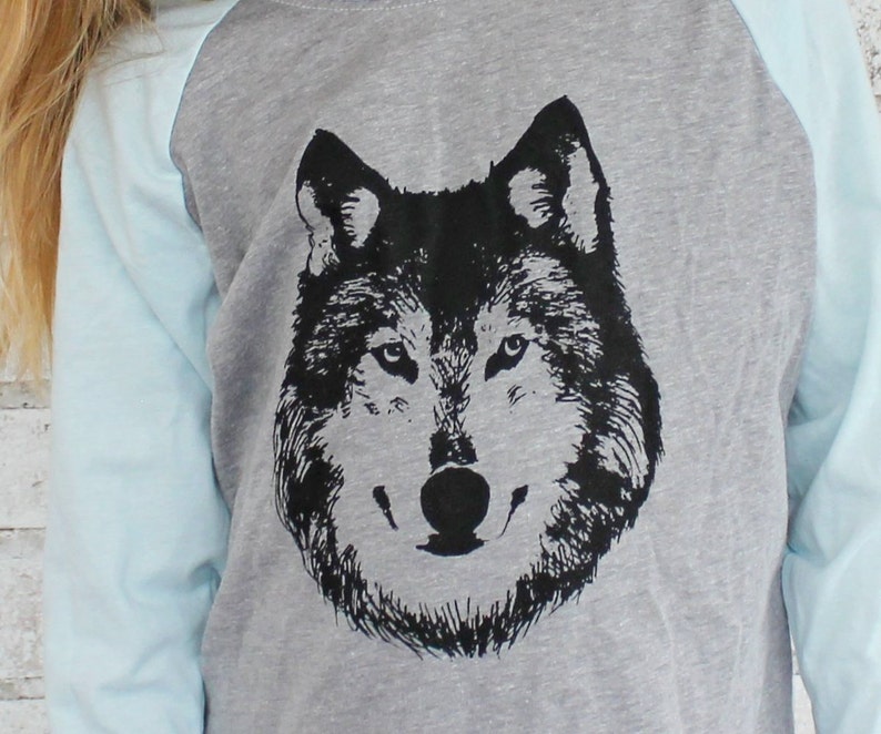 Wolf Shirt For Children, Kids Clothing, Baseball Tee, Blue and Grey Woodland Animal Graphic Tee Shirt, Hand Printed Tshirt, Gift For Toddler image 3