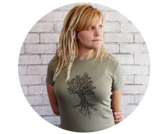 Ladies Tree Shirt, Hand Printed Screenprinted Graphic Tee, Light Olive Drab, Super Soft Cotton Crewneck Arbor Nature Inspired, Short Sleeved