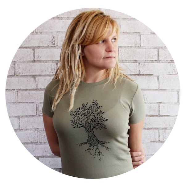 Ladies Tree Shirt, Hand Printed Screenprinted Graphic Tee, Light Olive Drab, Super Soft Cotton Crewneck Arbor Nature Inspired, Short Sleeved