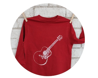 Youth Acoustic Guitar Tshirt, Long Sleeved Cotton T Shirt, String Instrument, Musician, Hand ScreenPrinted, gift for children, Cranberry Red