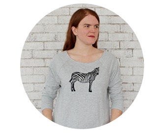 Zebra Slouchy Pullover, grau meliert, wildes Tier, Raglan, French Terry, 3/4-langen Ärmeln, Damen-Shirt, Sweat Shirt, Baumwolle-Polyester-Mischung