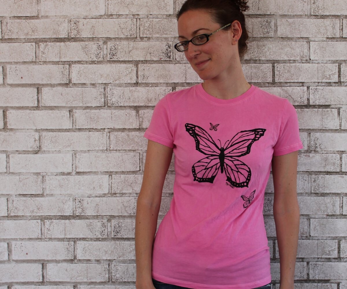 Butterfly Tshirt, Womens Cotton Crewneck Tee Shirt, Hot Pink