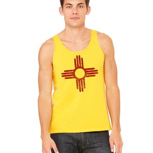 Zia Tank Top, Unisex Tank Top, New Mexico Flag, Distressed Zia Sun Symbol, Gym Shirt Gift For Men Men's Top Gold and Red Screenprinted Shirt image 3