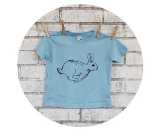 Running Rabbit Toddler Graphic Tee Shirt, Screen Printed Clothing, Blue Youth Cotton Crewneck Shirt With Furry Easter Bunny, Woodland Animal