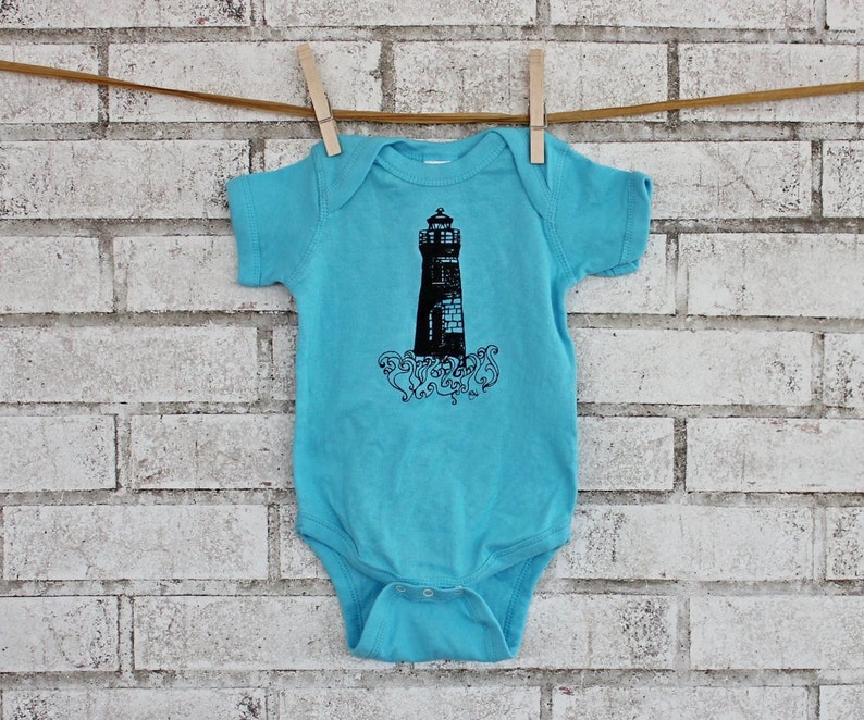 Lighthouse Baby Onepiece Light Aquamarine Blue Hand Screenprinted Infant Clothing Ocean Short Sleeved Cotton Clothing Sailing the Sea