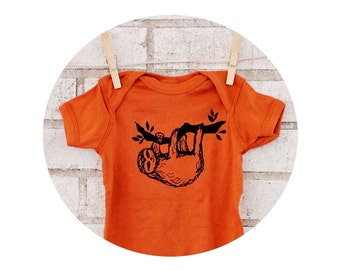 Three Toed Sloth Infant Creeper, Cotton Onepiece, Baby Boy, Girl, Gender Neutral, Rust Orange, Unisex Baby Clothing, Baby Shower Gift