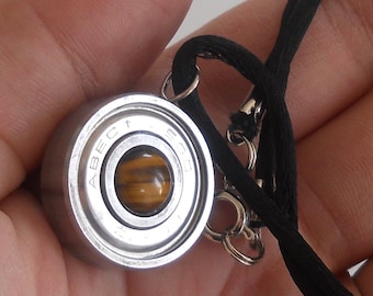 Roller Derby Skate Bearing Necklace, inlayed with tiger eye,  made from an upcyced roller derby bearing