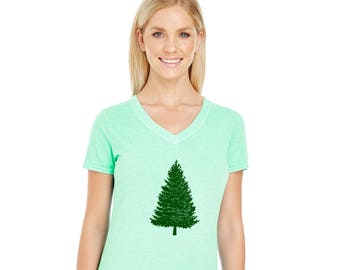 Pine Tree Sporty Vneck Cotton Tee Shirt, Graphic Tshirt, Hiking in the Forrest,  Short Sleeved Camping in the woods Hand Printed Mint Green
