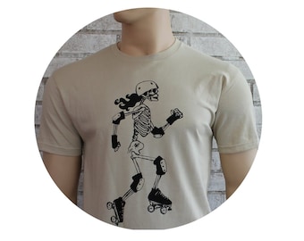 Men's T Shirt, Roller Derby Skater Graphic Tee in Tan, Beige Unisex Cotton Screen-printed Tshirt, Skeleton Skating Rollergirl, Gift For Men
