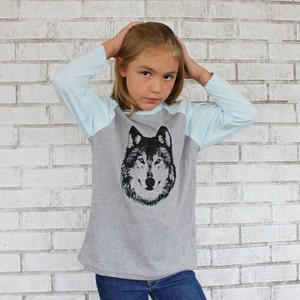 Wolf Shirt For Children, Kids Clothing, Baseball Tee, Blue and Grey Woodland Animal Graphic Tee Shirt, Hand Printed Tshirt, Gift For Toddler image 4