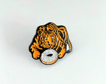 Tiger Enamel Pin, Wild Cat, Tiger EATING Donut, Enamel lapel pin game, Donut Lover Gift, weight lifter bulking, funny pin, stocking stuffer