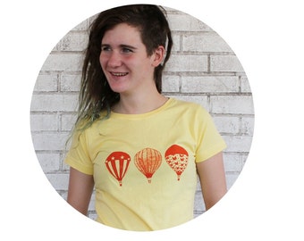 Hot Air Balloon Tshirt, Short Sleeved Cotton Fitted Ladies T shirt, Light Yellow, Screenprinted Shirt, Balloonist, short sleeved