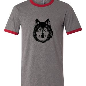 Wolf Ringer Tee Shirt, Lone Wolf Shirt, Unisex Ringer Tees, Shirts For Men, Wild Animal Tshirt, Hand Printed Graphic Tee Shirt Husky Dog Tee image 6