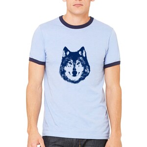 Wolf Ringer T-Shirt, Lone Wolf-Shirt Unisex Ringer T-Shirts, Shirts für Männer, wilden Tier Tshirt, Hand gedruckte Grafik T-Shirt Husky Hund T-Shirt Bild 4