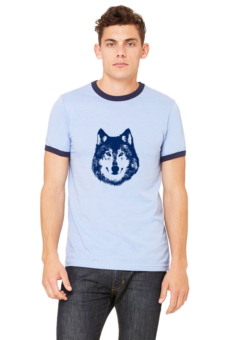 Wolf Ringer Tee Shirt, Lone Wolf Shirt, Unisex Ringer Tees, Shirts For Men, Wild Animal Tshirt, Hand Printed Graphic Tee Shirt Husky Dog Tee image 4