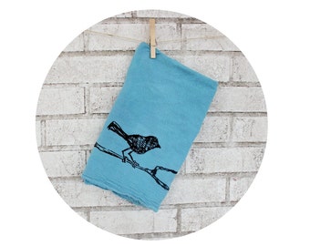 Bird on a Branch Tea Towel in Teal with Black Ink, Welcome Gift, Kitchen Decor, Housewarming Gift, Hand Screenprinted birding birder, nature