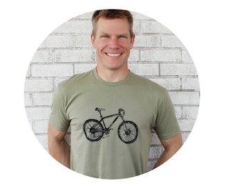 Mountain Bike Tshirt, Men's Cotton Crew-neck Bicycle T Shirt, Short Sleeved Unisex Tshirt in Light Olive, Cyclist Graphic Tee,Fun Outdoors