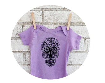 Sugar Skull Baby One-piece In Light Lavender Pastel Purple, Hand Screenprinted, Short Sleeved, Day of the Dead, Cotton Infant Clothing