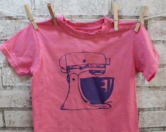 Toddler's Retro Mixer Tshirt, Bakers childrens cotton crew neck Tee Shirt, Hot Pink, Short Sleeved Youth Tshirt, Hand Printed, Screenprint