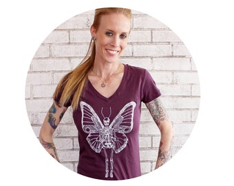 Butterfly Skeleton Day of the Dead Tshirt, Screenprinted VNeck Tshirt, Short Sleeve Cotton shirt Women's Clothing Graphic Tee Aubergine Plum