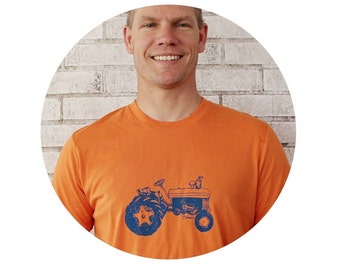 Cotton Crewneck Graphic Tee, Men's Tractor T Shirt, Farming, Farmer, Orange, Blue, TSHIRT, Man, Gift for men