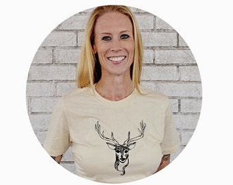 Buck T Shirt, Deer, Animal, Antlers, Ladies Graphic Tee, Nature, Woods, Holiday Reindeer, Tan, Brown, Cotton Crewneck, Ivory, Tshirt