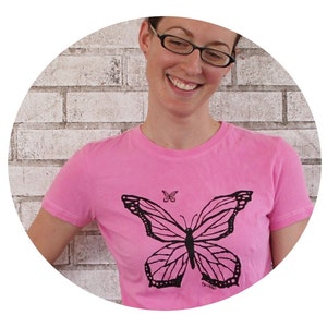 Butterfly Tshirt, Womens Cotton Crewneck Tee shirt, Hot Pink, Spring gardening Bug Garden Butterflies, Short Sleeved, Screen-printed t shirt