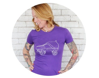 Roller Skate Shirt, Roller Derby, Skate Party, Womens Clothes, Roller Skate Outfit, Purple Cotton Crewneck Tshirt, Screenprinted Graphic Tee