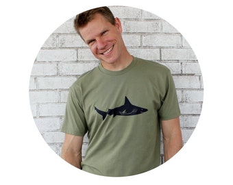 Shark T Shirt, Hand Screenprinted Gtaphic TShirt Ocean Animal, Marine Life, Nautical, Shirt For Men, Short Sleeved Cotton top in Light Olive