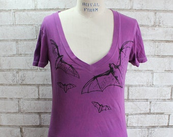 Bats on a Women's cotton deep V-neck tshirt, in Purple or custom colors