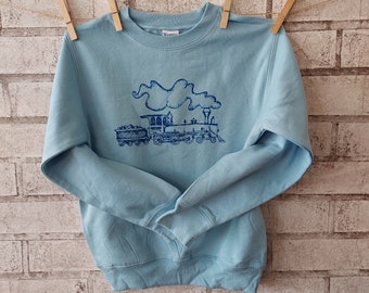 Toddler Steam Engine Train Shirt, Light Blue, size 5/6, Hand Screenprinted Travel Shirt, gifts for kids, Fleece long sleeve sweatshirt