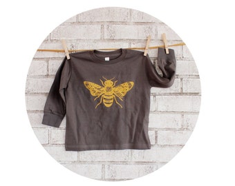 Honey Bee With Lace Wings, Hand Printed Long Sleeved T-shirt, Toddler Clothing, kid's graphic tee, Spring Garden Insect, Nature Inspired