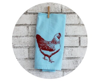 Chicken Tea Towel in Aquamarine Blue Screenprinted in Red, Welcome Gift, Kitchen Decor, Farm Animal, Backyard Chickens, Hen, Housewarming