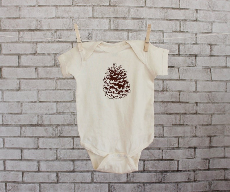 Pine Cone Baby One Piece, eco friendly Cotton Bodysuit Pinecone Snapsuit, Infant Creeper, Natural, Cream, Nature inspired, Christmas, Winter image 3