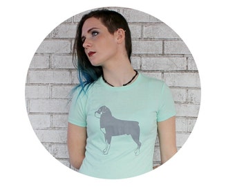 Rottweiler Tee Shirt, Hand Screenprinted Mint Green Cotton Crewneck Ladies Graphic Tshirt, Short Sleeved, Dog Lover Hand Printed Shirt Rotty